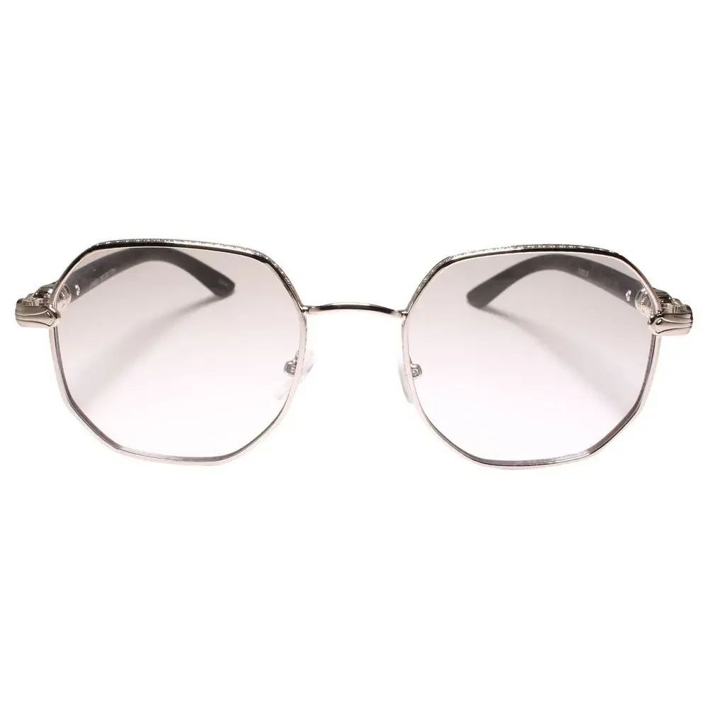Silver Elegant Ornate Frame Faux Wood Temple Square Clear Lens Glasses